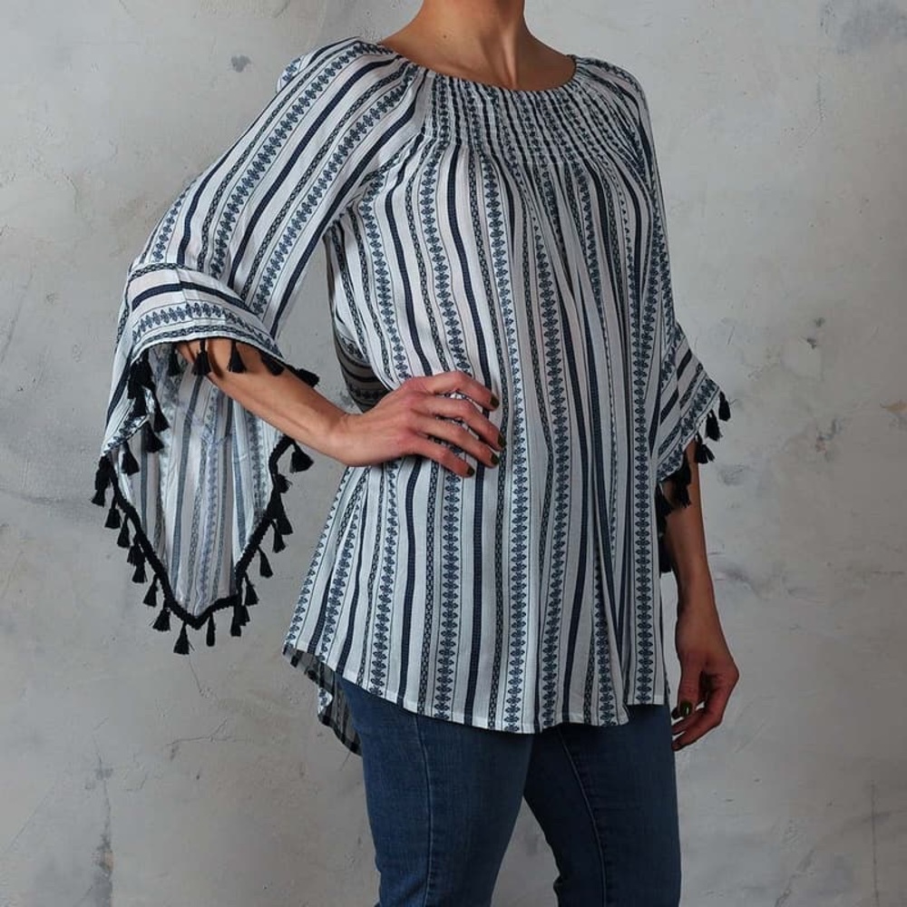 Fig & Vine Navy Striped on or Off-Shoulder belled sleeves with tassels Blouse